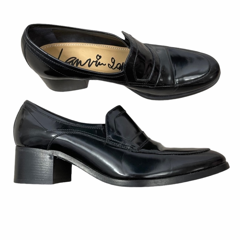 Lanvin Luxury Black Patent Leather Block Heel Loafers. Made in Italy.